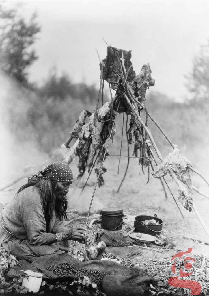 Femme sarsi préparant de la nourriture près d’un feu et d’un séchoir à viande, Alberta, Canada, vers 1927. Photographie d’Edward S. Curtis.