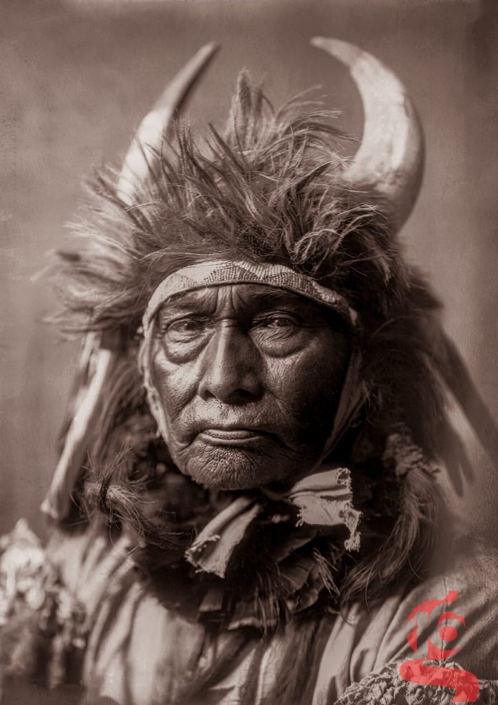 Portrait de Bull Chief, homme Apsáalooke portant une coiffe à cornes et à plumes, photographié par Edward S. Curtis en 1908.