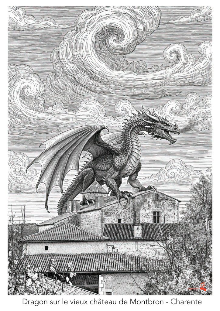 Illustration en noir et blanc d’un dragon posé sur le Vieux Château de Montbron, sous un ciel rempli de nuages tourbillonnants.