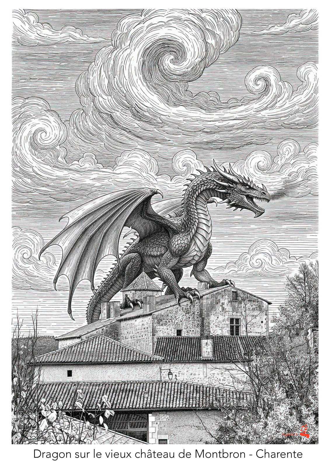Illustration en noir et blanc d’un dragon posé sur le Vieux Château de Montbron, sous un ciel rempli de nuages tourbillonnants.