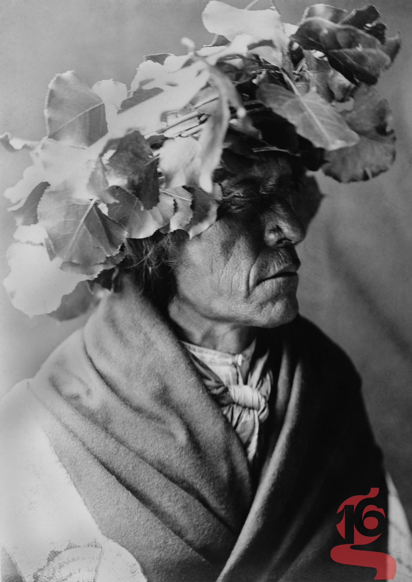 Porcupine, homme cheyenne photographié par Edward S. Curtis en 1910, portant une couronne de feuilles