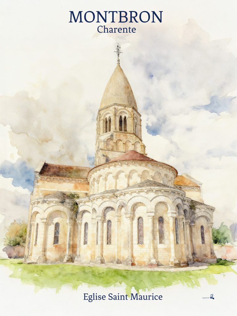 Illustration de l’église romane Saint-Maurice de Montbron en Charente, réalisée dans un style aquarelle.