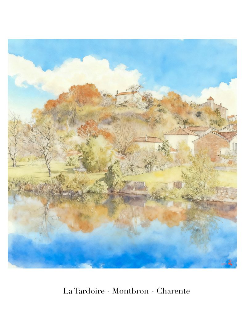 Illustration de la Tardoire à Montbron en Charente, avec les maisons et les arbres se reflétant dans la rivière.