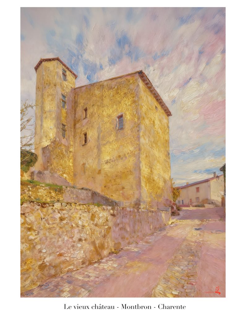 Illustration du Vieux Château de Montbron en Charente, dans un style pictural aux couleurs dorées et pastel.