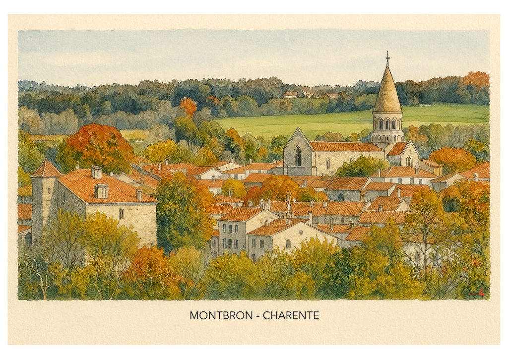 Illustration de Montbron en Charente en automne, effet crayon de couleur