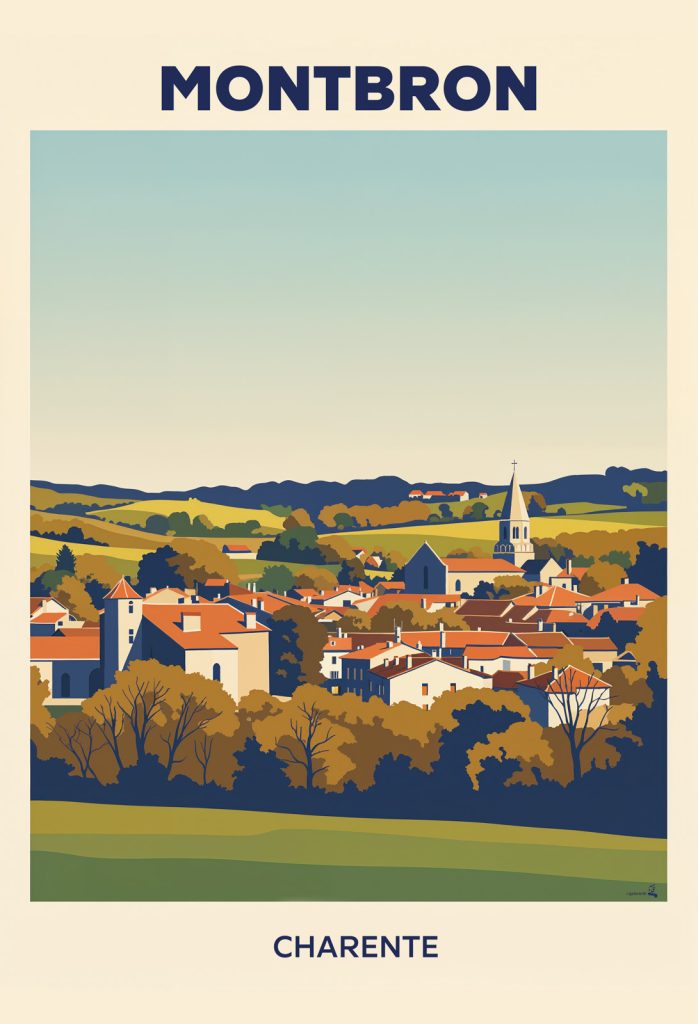 Illustration panoramique de Montbron en Charente avec son église, ses maisons aux toits orangés et les paysages environnants.