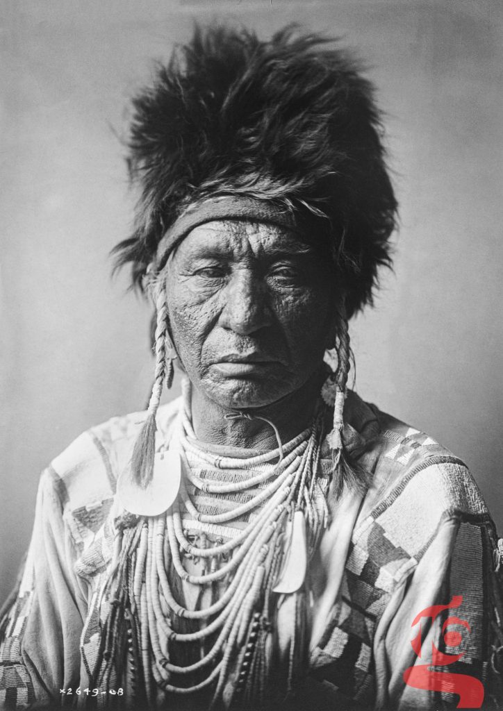 Portrait frontal d’Otter Robe, homme aaniiih portant une coiffe de fourrure et de longues parures, photographié par Edward S. Curtis en 1908.