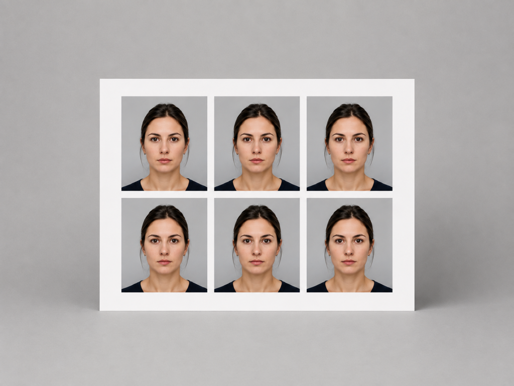 Exemple de six photos d’identité imprimées sur papier photo mat 10 par 15 centimètres