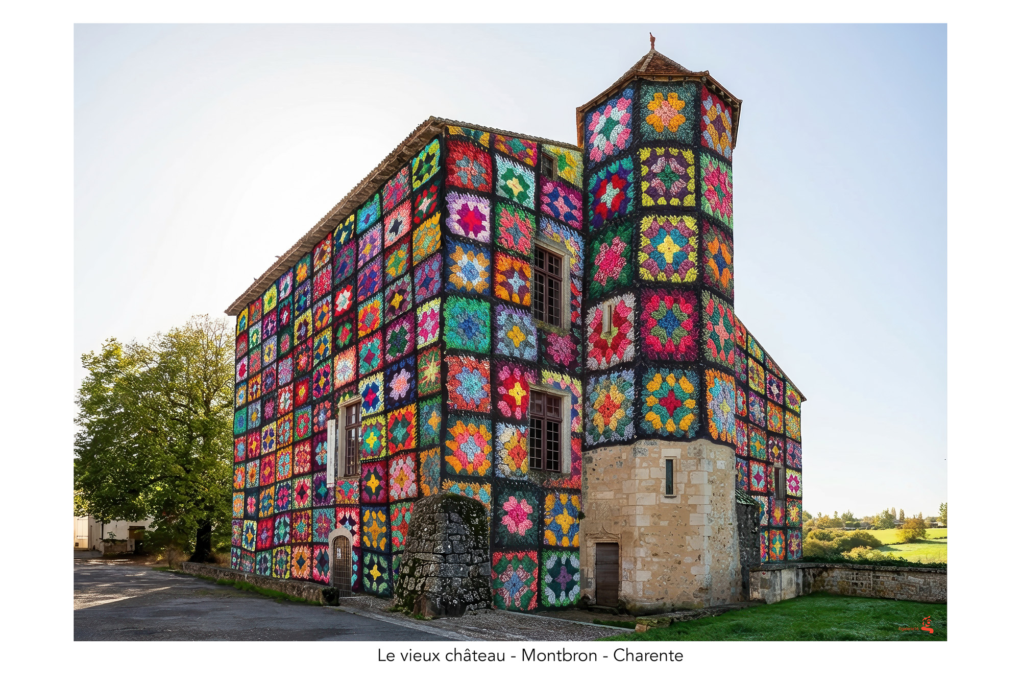 Le Vieux Château de Montbron recouvert de motifs colorés inspirés du crochet