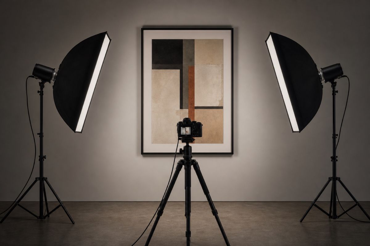 Installation de reproduction d’œuvre avec appareil photo et deux éclairages à 45 degrés