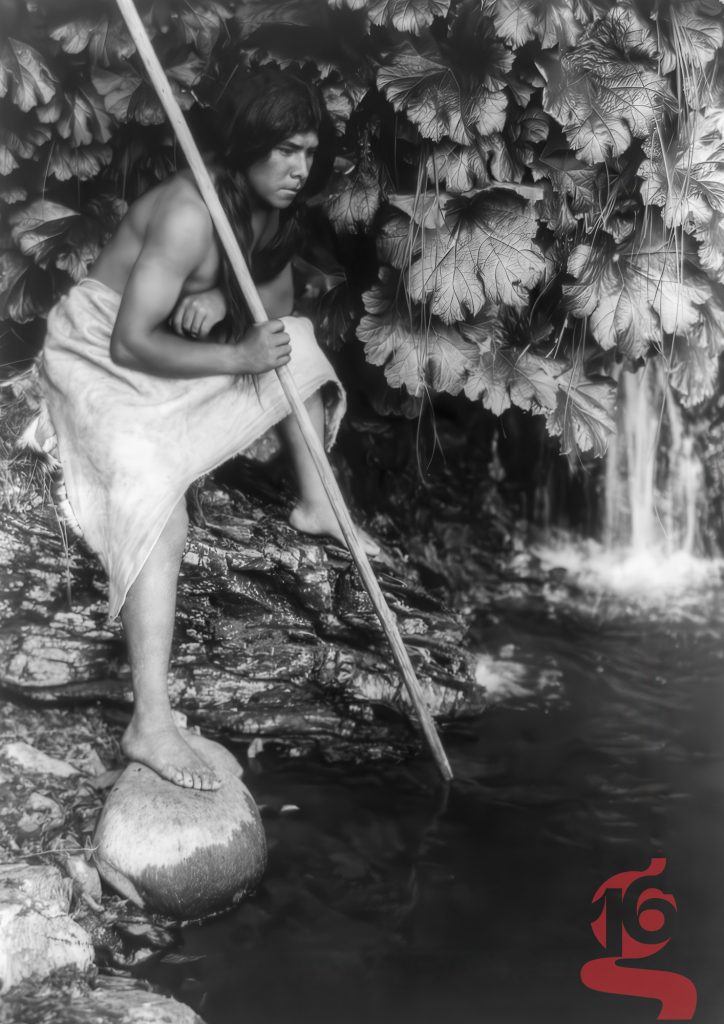 Homme hupa tenant une longue lance au bord d’un cours d’eau pour la pêche au saumon, photographié par Edward S. Curtis vers 1923.